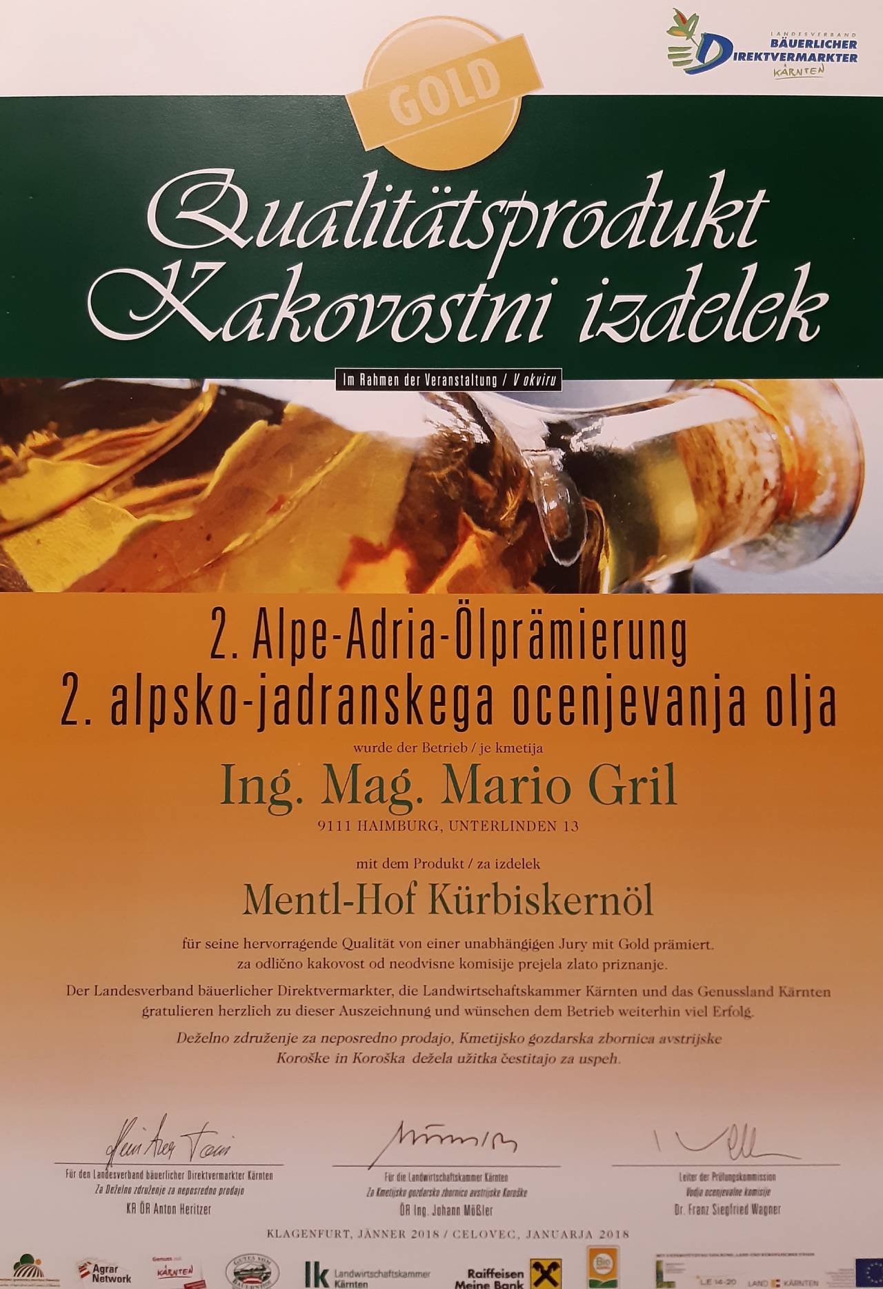Urkunde Gold für Mentl-Hof Kürbiskernöl bei der 2. Alpe Adria Ölprämierung 2018